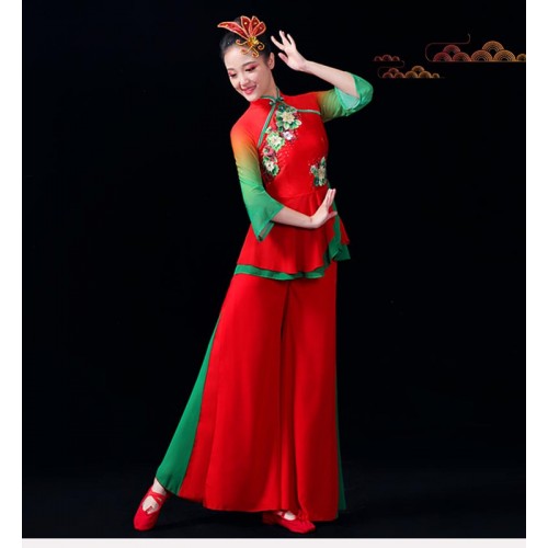 Red Green Chinese folk dance dresses for women girls ancient traditional classical dance wear fan umbrella yangge dance costumes for female